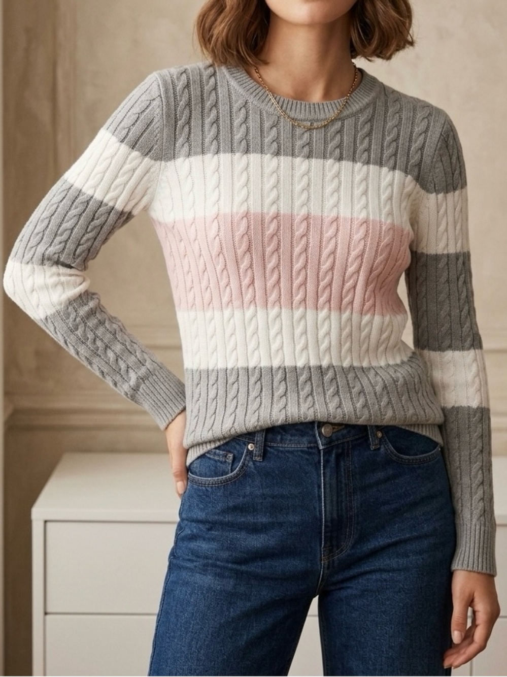 Tommy Hilfiger Cable-Knit Crewneck Sweater in Gray, White & Pink